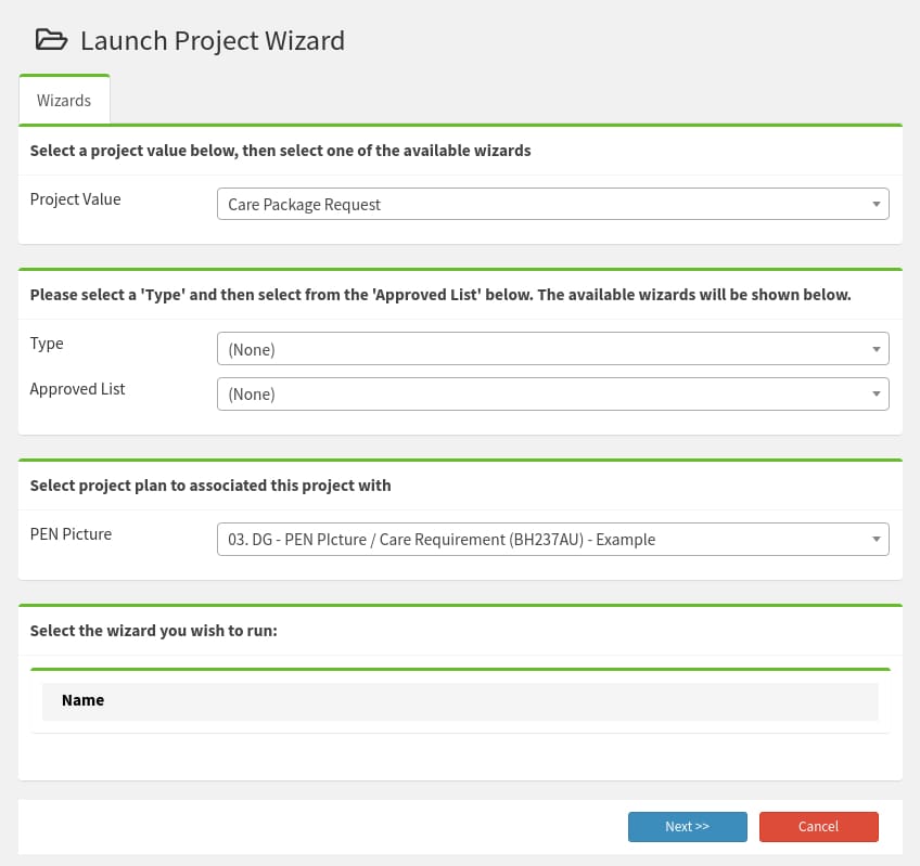A screen shot of the Adult Social Care system which displays a project wizard popup