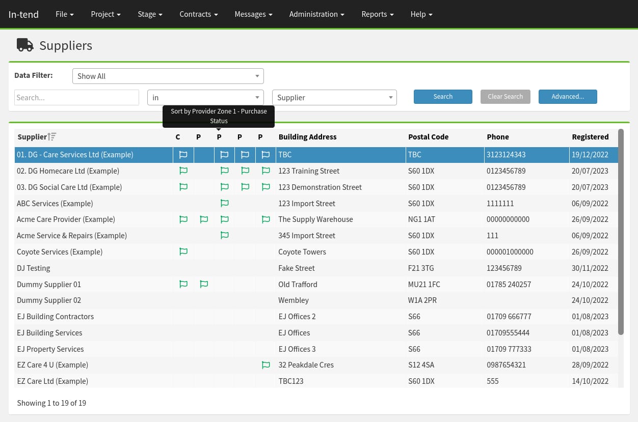 A screen shot of the Adult Social Care system which displays a supplier list with flags highlighting their current status.