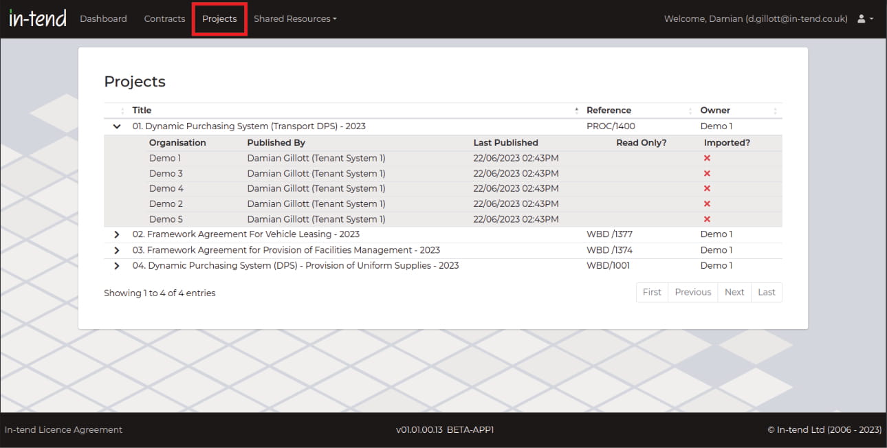 A screen shot of the In-tend Hub. The Projects nav item is highlighted and screen shows a table with a list of projects