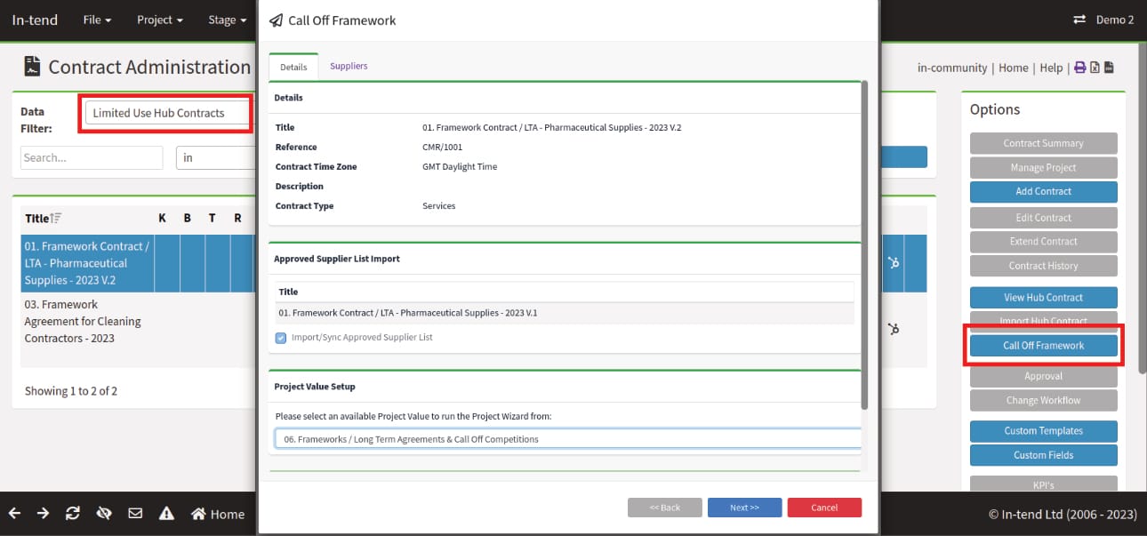 A screen shot of the In-tend Hub. The
